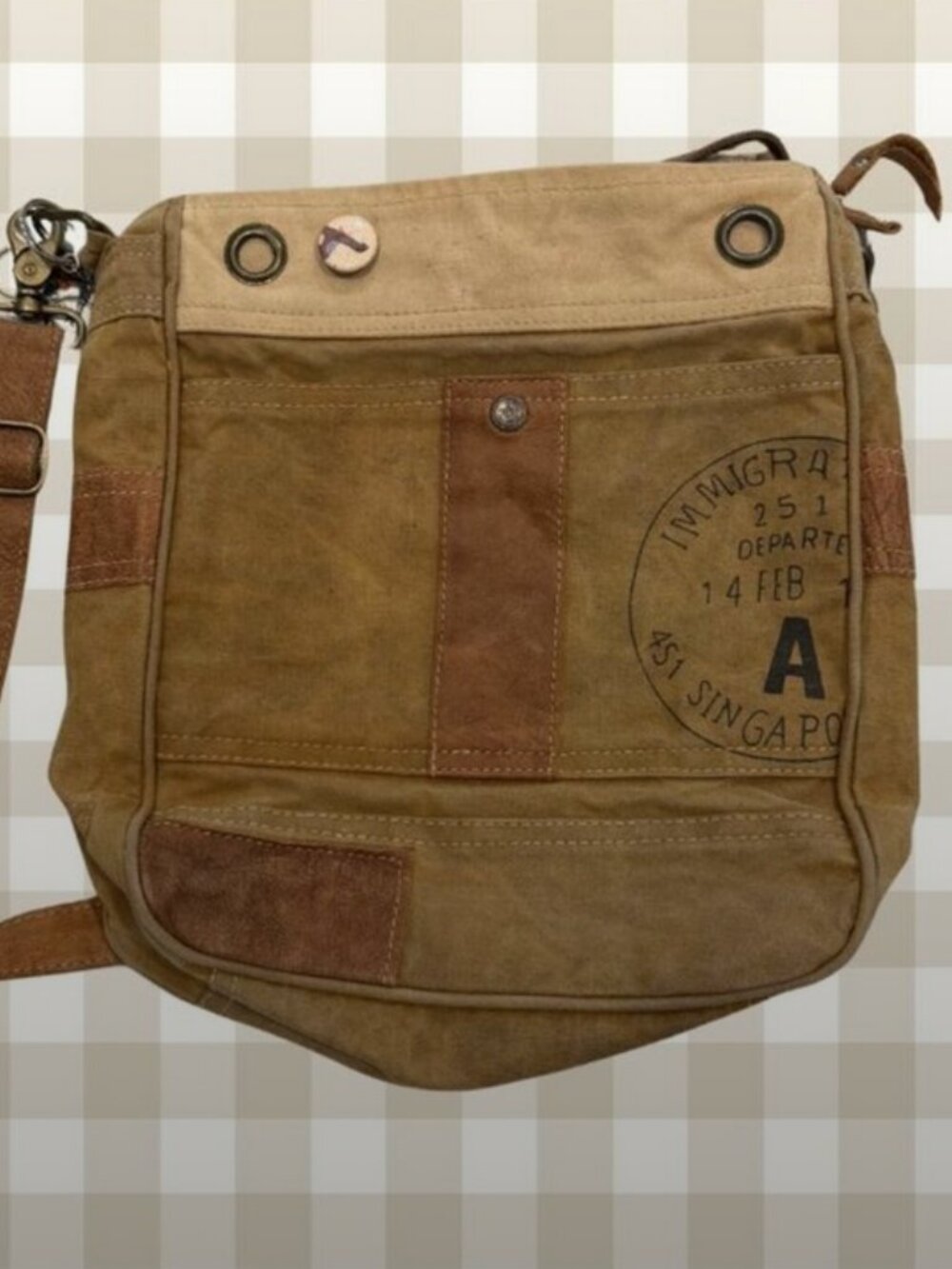 Myra Bag Upcycled Canvas Shoulder Bag Stamped Tan Brown Crossbody Purse